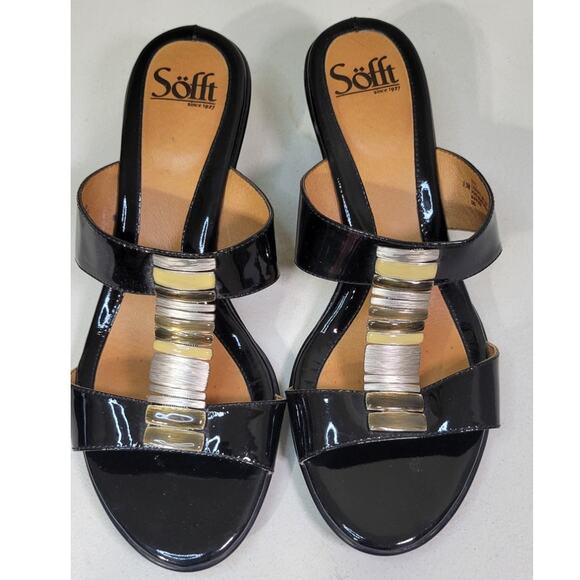 Sofft Sandals Womens 9.5 Anita Black Patten Leather Kitten Heel Jeweled Shoes - Picture 1 of 10